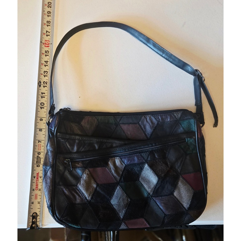 Vintage Patchwork Leather Shoulder Bag Black Multicolor Geometric Purse - Picture 2 of 8
